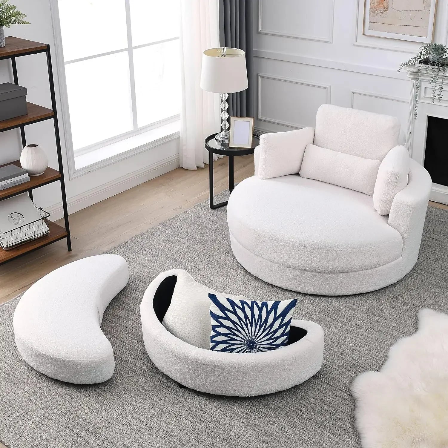 Swivel Book Nook Chair with Storage Ottoman and 4 Movable Pillow Backrest, 360° Rotating Round Barrel Sofa Chair