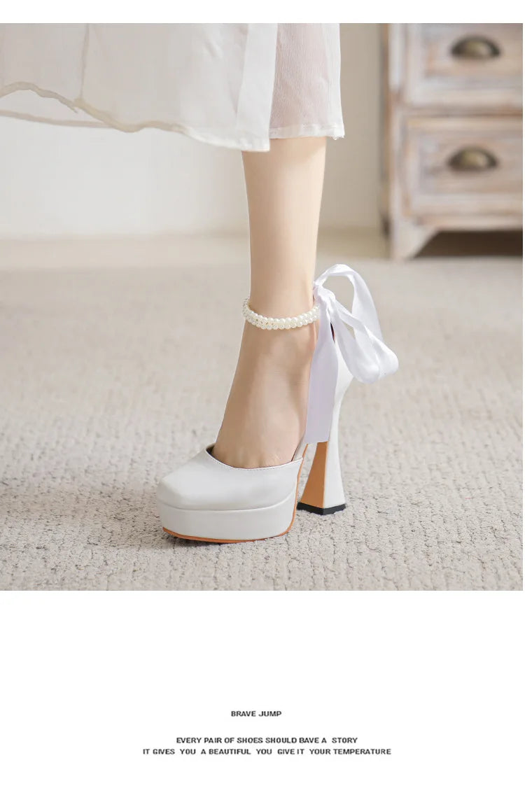 Fashion Super High Heels Sandals Bow Buckle Square Head Heels Ladies Shoes