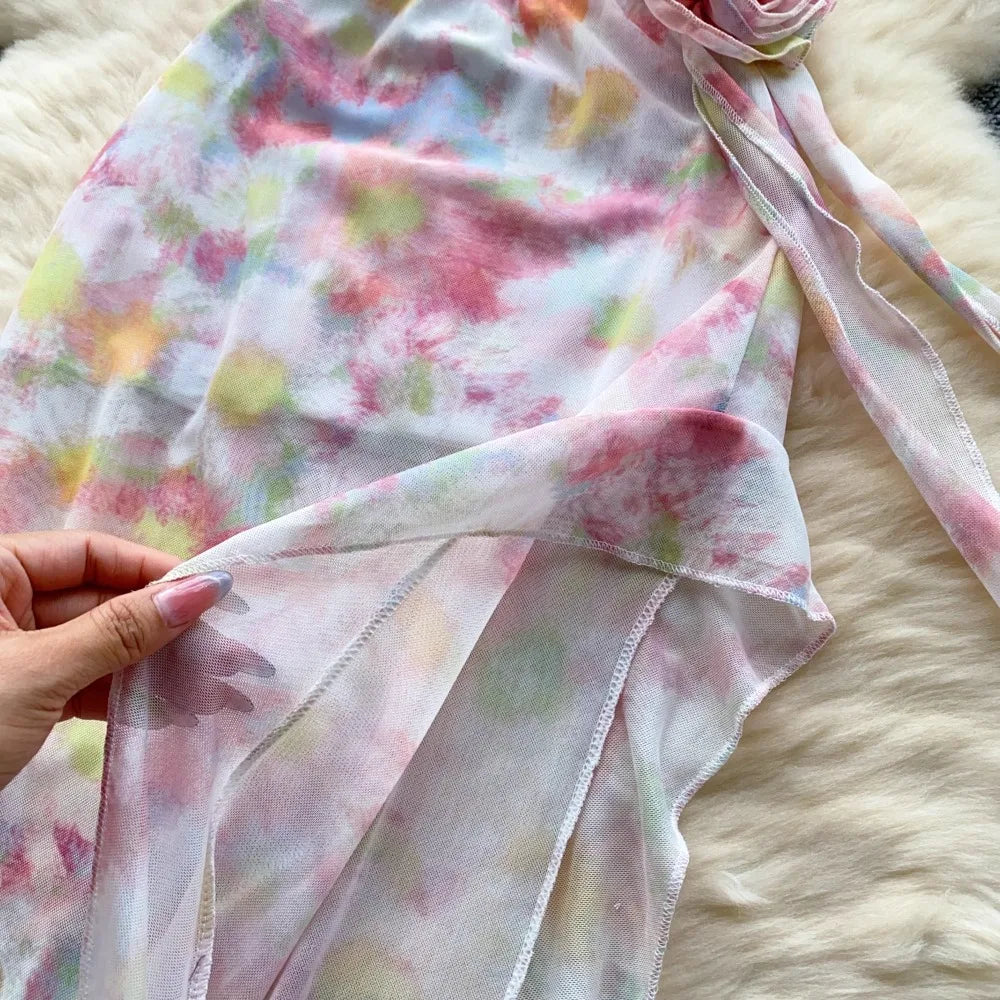 Flower Strapless Halter Tank Top and Split Ribbon Skirt Two Piece Set