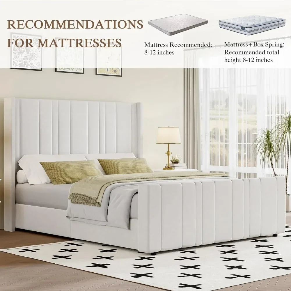 Soft Velvet Upholstered Bed Frame with Vertical Channel Tufted Wingback Headboard & Tall Footboard