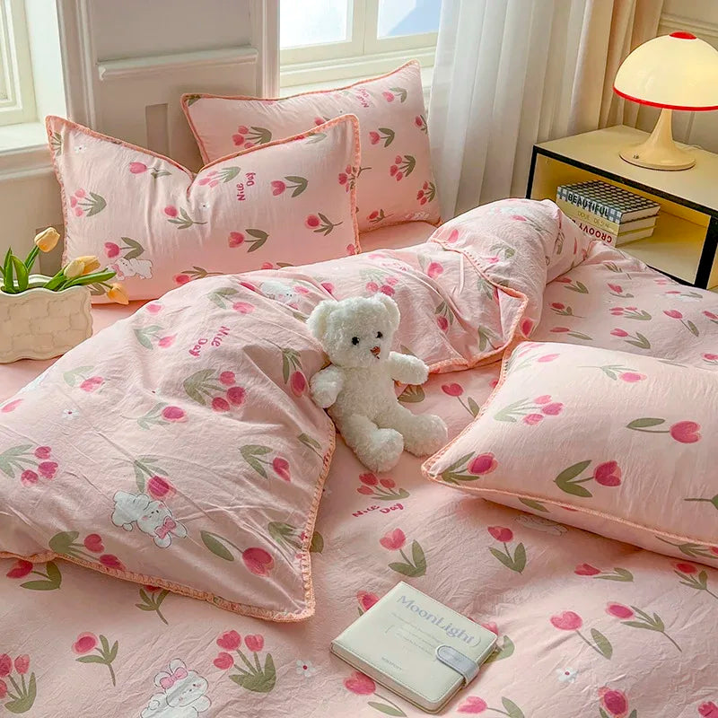 Tulip Double Layer Yarn Quilt Cover Bed Sheet Pillowcase Bedding Set Girls Duvet Cover Set No Filler