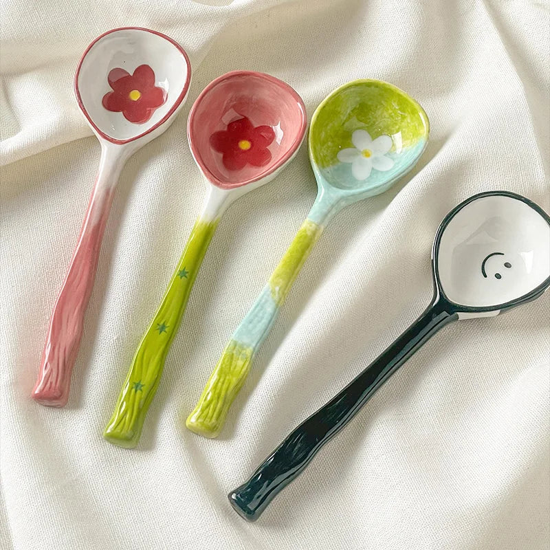 Kawaii Cute Ceramic Flower Spoon Hand Painted Dessert Spoon With Long Handle