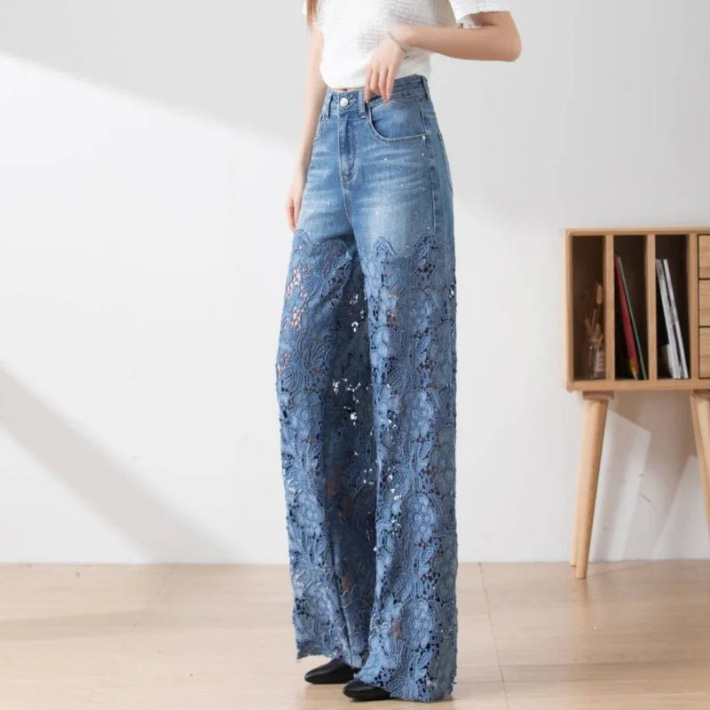Women High Waist Lace Patchwork Pantalones Hollow Out Oversized Spring Casual Loose All Match Pants