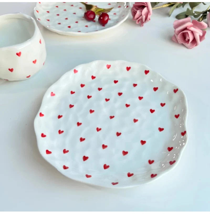 Red Hearts Ceramic Hand-Made Irregular Shaped Porcelain Plates