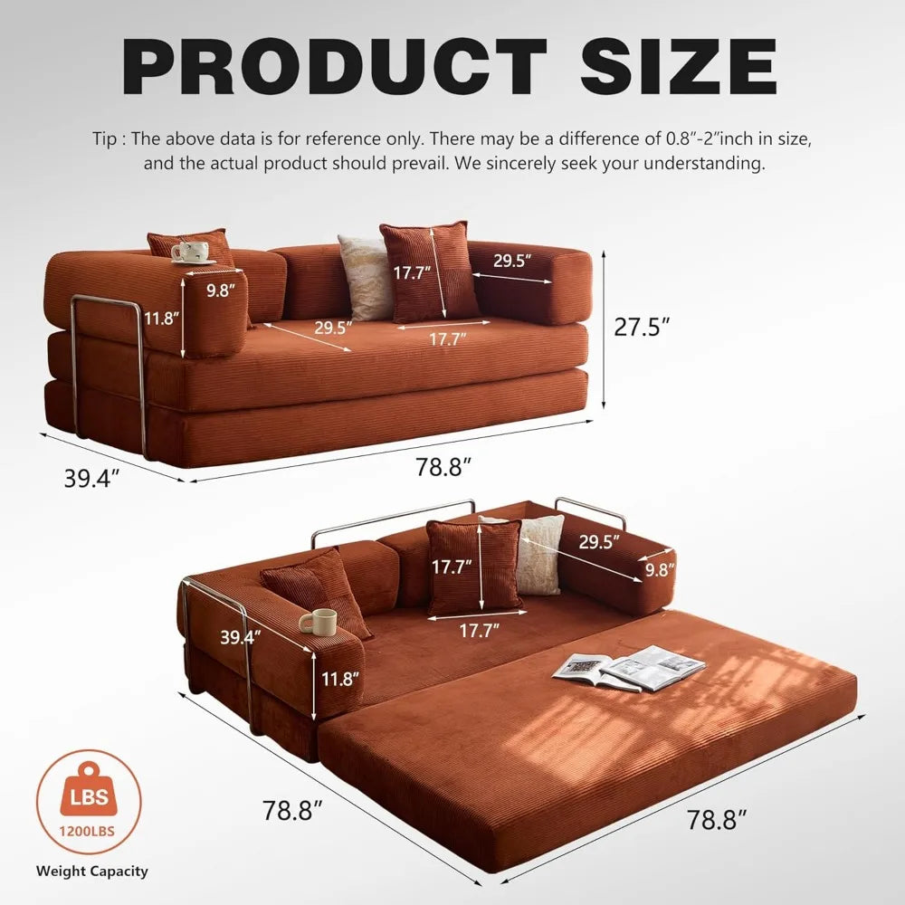 Convertible Sofa Bed - Compression Sofa with Corduroy Fabric - with Armrests and Backrest - Modular Sectional for Living R