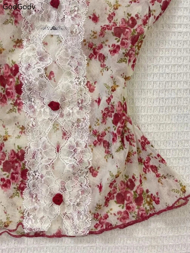 Summer Woman Floral Halter Lace Blouse Vintage Sexy Slim Fit Fairy Tops Outfits Elegant Style