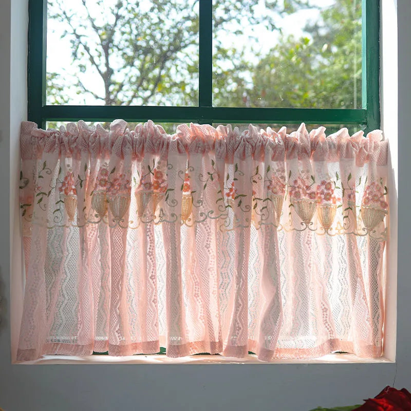 Pink Small Window Short Curtain Embroidery Floral Lace Half Window Curtains Sheer Tulle Home Decoration