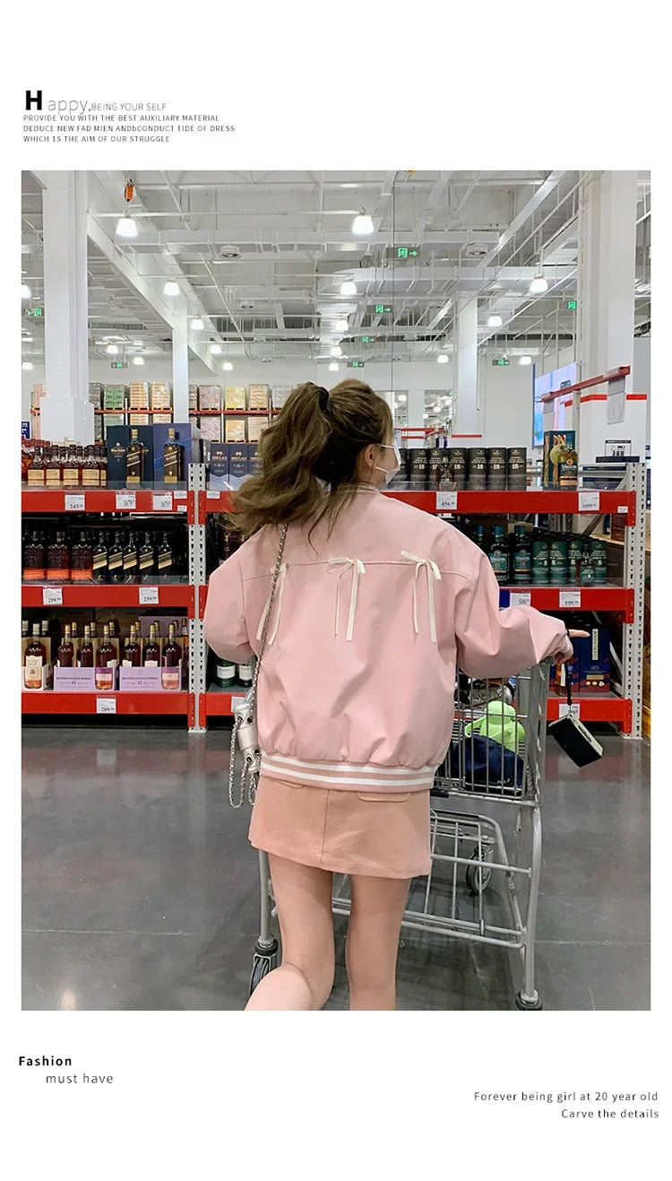 Sweet Butterfly Knot Pink Baseball Jacket Women's Spring Autumn Casual Loose Fit round Neck Full Sleeve Fashionable Coat