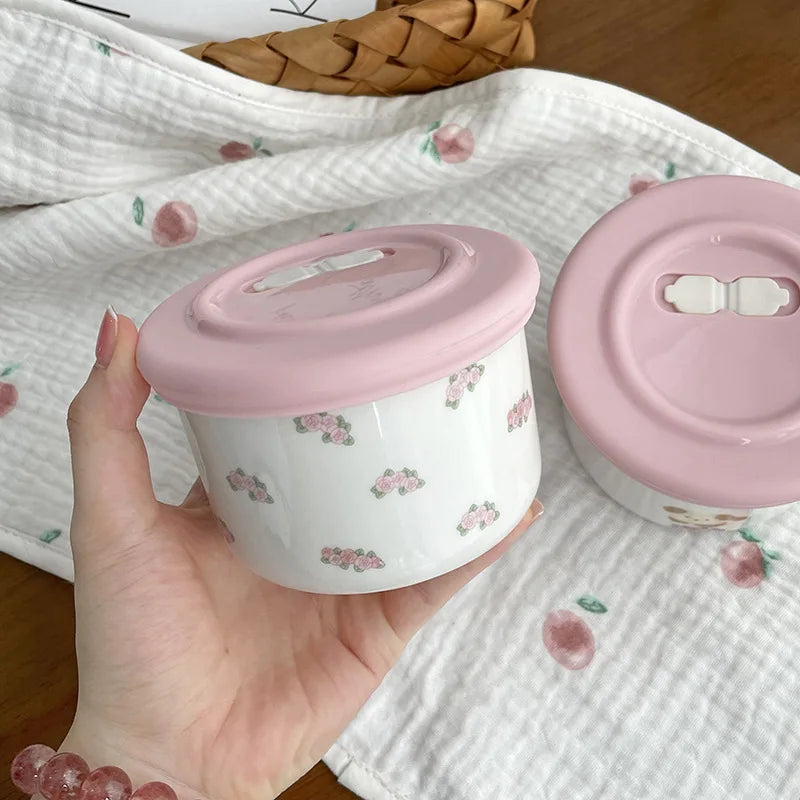 Cute Ceramic Snack Bowl with Lid, Exhaust Hole, Sealed and Fresh-keeping Bowl, Small Lunch Box for Steaming and Cooking