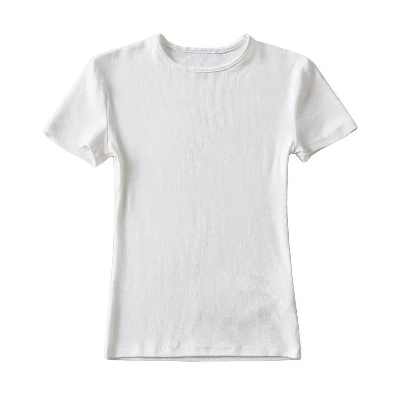 Summer Woman Skinny Fit T-shirt Tight Short-Sleeve O-neck Tee Basic Solid Crop Tops T Shirt