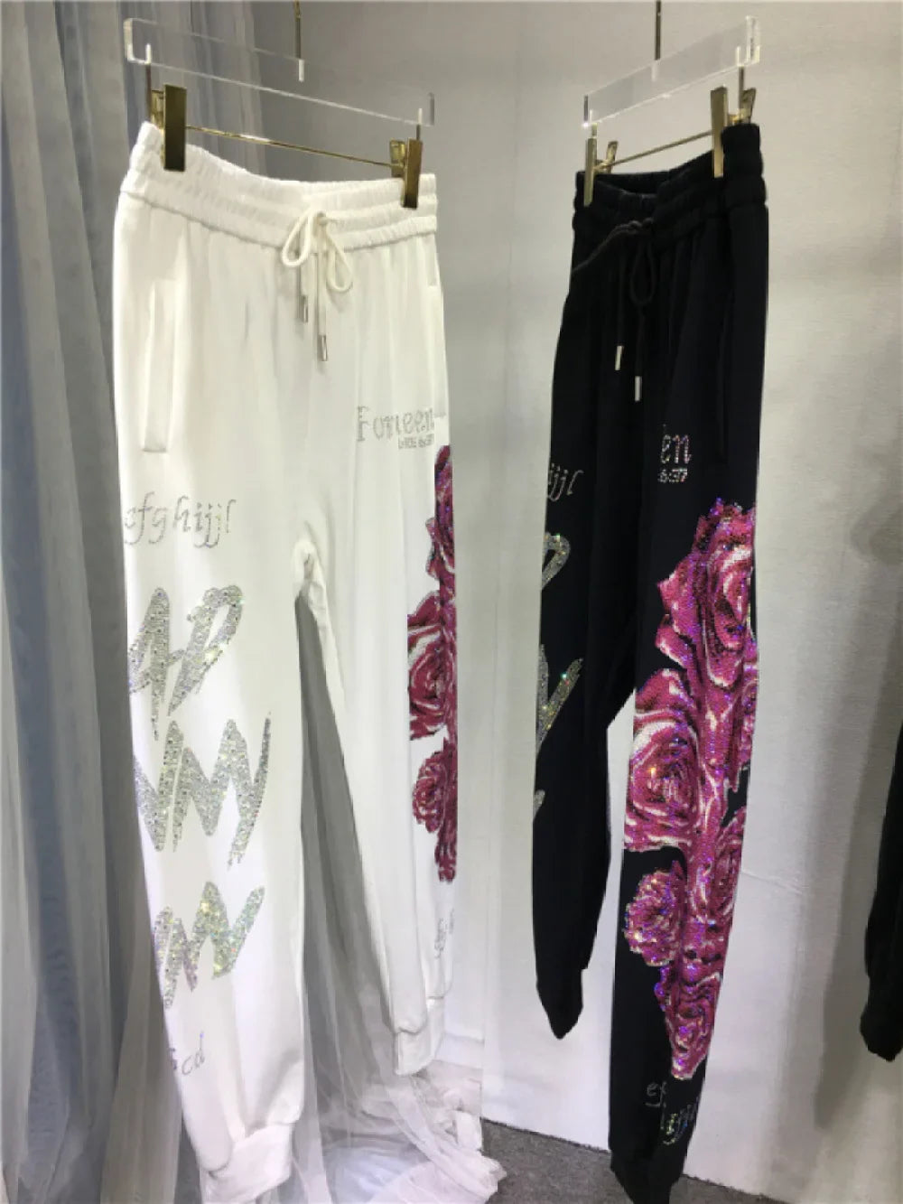 XL-4XL Plus Size Women's Pants Rhinestone Flower Big Size Sweatpants Casual Streetwear High Waisted Baggy Pants Woman