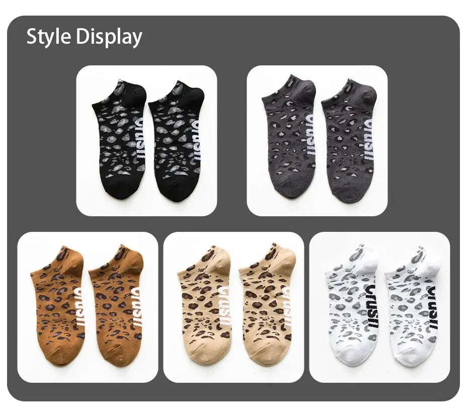 Women's Seasonal Fashionable and Trendy Leopard Print Cotton Sweat-absorbing and Comfortable Sports Low Top Socks