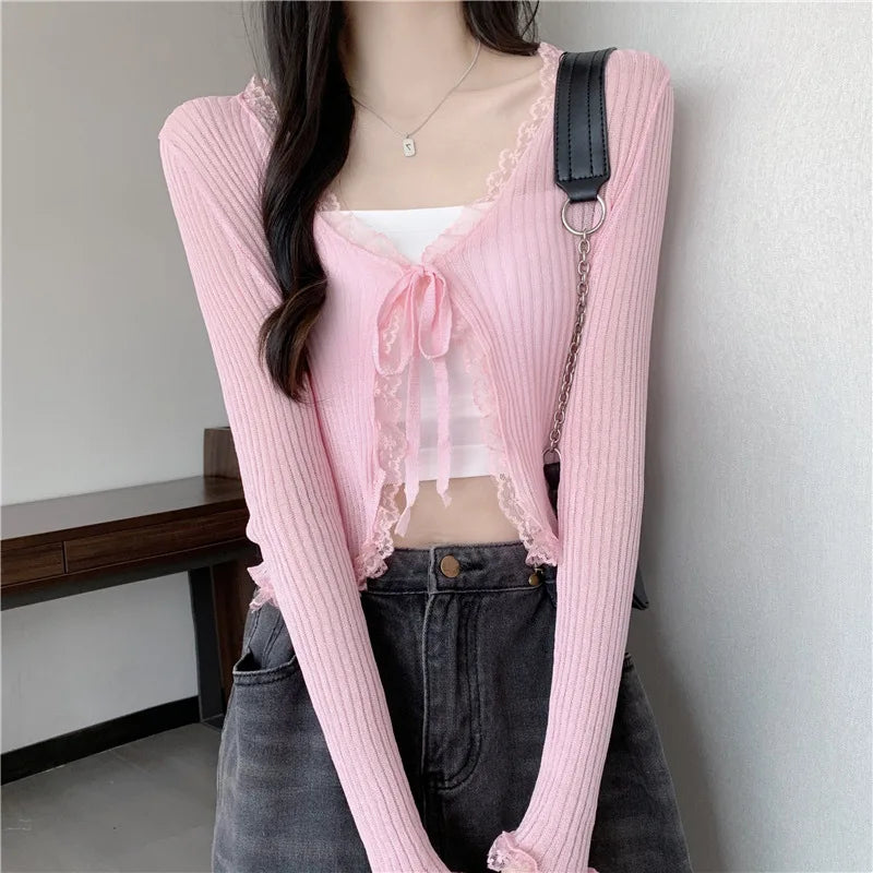 Lace Knitted Cardigans Long Sleeved Short Lace-Up Thin Shawl