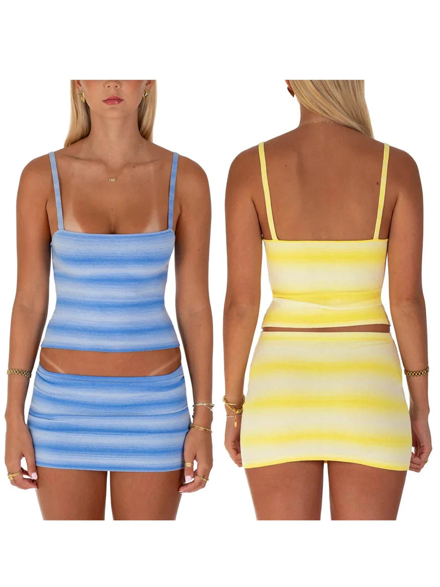 Women's 2 Pieces Summer Skirt Sets Gradient Striped Square Neck Sleeveless Crop Cami Tops Low Waist Mini Skirt