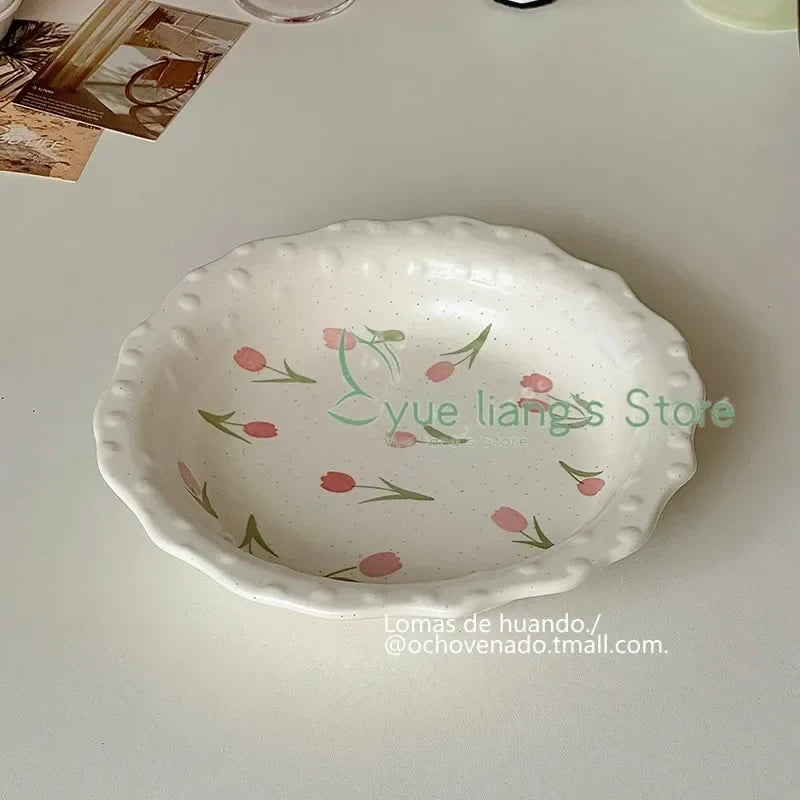 Tulip Wave Bead Point Plate, French Vintage Lace Underglaze Delicate  Dinner Entree Plate