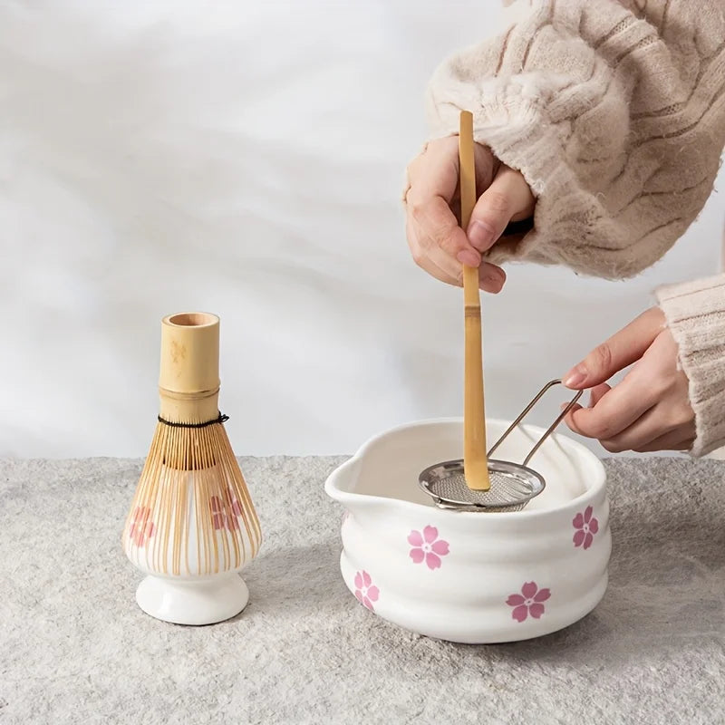 Hand-painted Cherry Blossom White Matcha Bowl with Matcha Whisk Set, Japanese Tea Set Includes Matcha Bowl with Spout