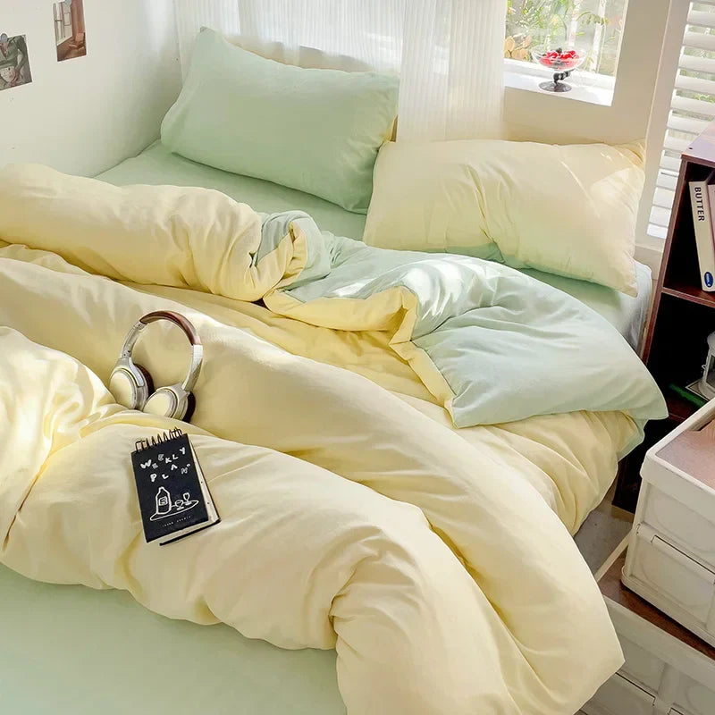 Solid Bed Linen Cotton Bedding Set 4pcs with Sheet Duvet Cover Pillowcases Single Couple Bedsheet