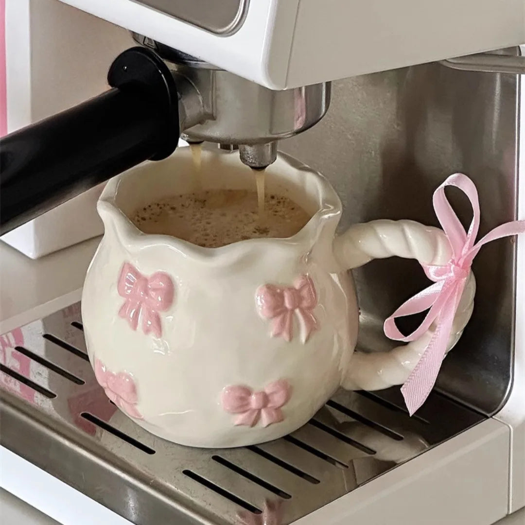 Simple Luxury Handmade Irregular Pink Three-Dimensional Bow Art Ceramic Cups