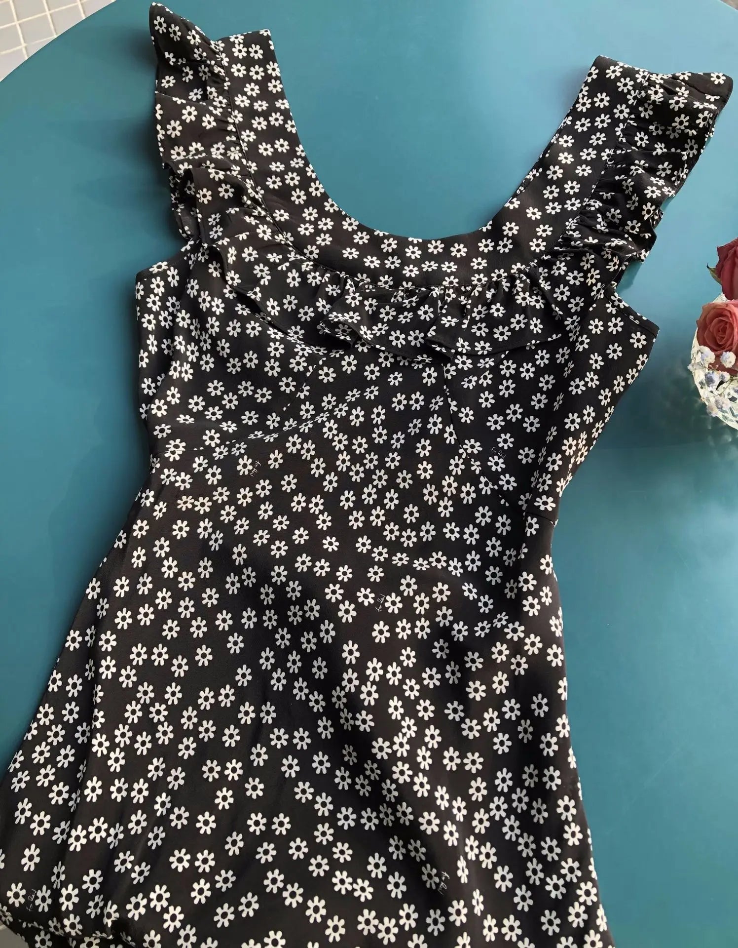 French Daisy Vintage Girl Silk Polka Dots U Neck V Back Sexy Summer Women Long Dress