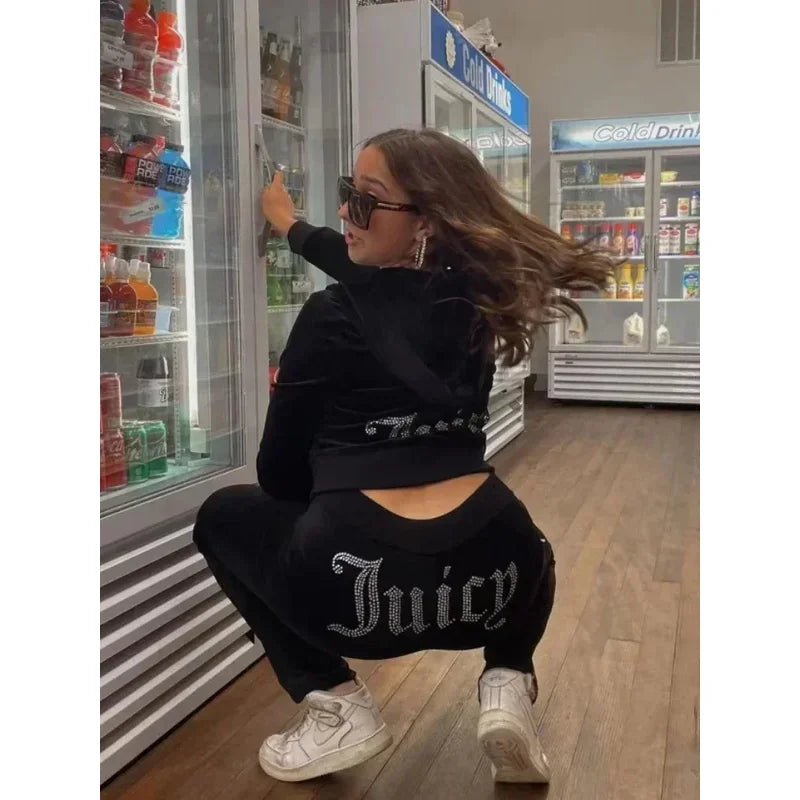 Two Piece Set Diamonds Hoodie Crop Jacket And Joggers Pants Outfits Streetwear Jogging Suits Juicy Corture Tracksuit