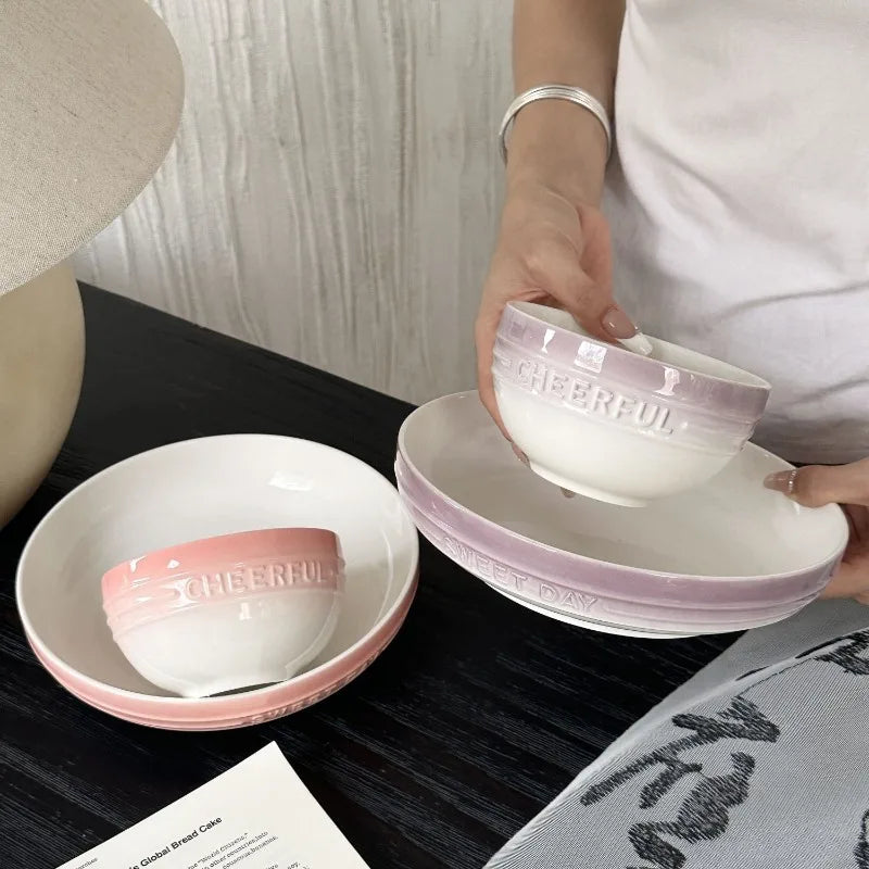 Gradual Change 8-inch Ceramic Deep Plate, High-end High-value Trays Underglaze Color Deep Plate Bowls