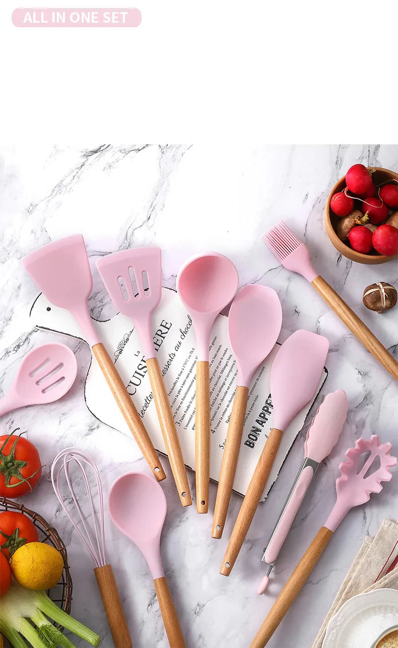 Food Grade Silicone Kitchenware Cooking Tools Cookware Set High Temperature Spatula Spoon Anti-scald Kitchen Tools