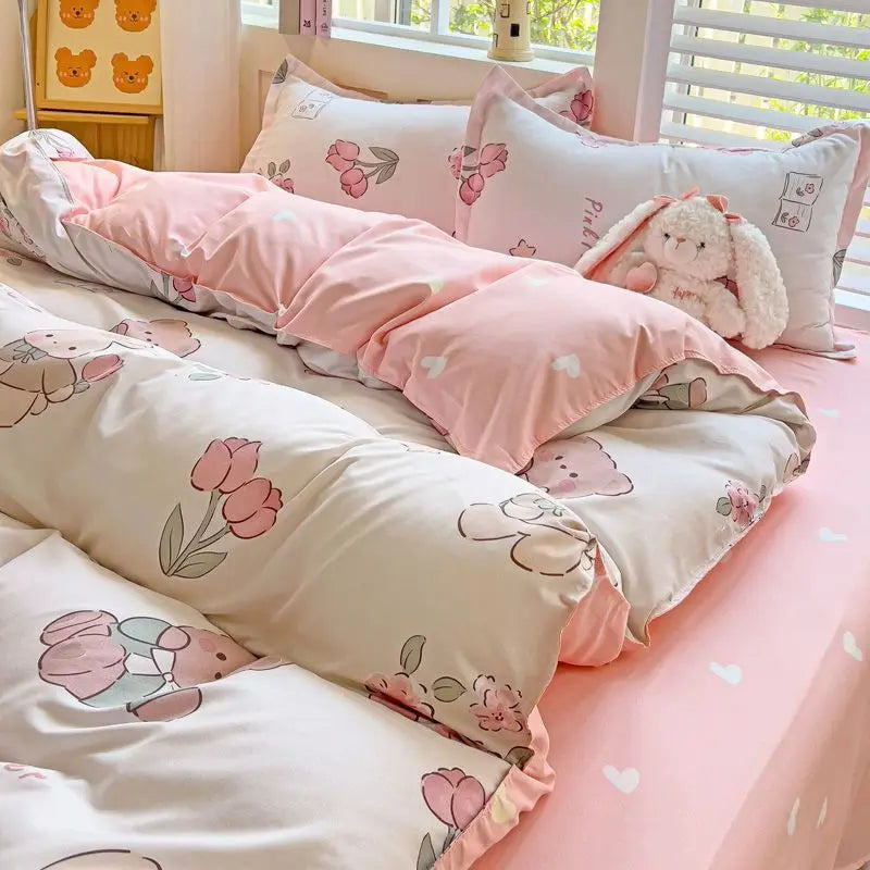 Pink Bedding Set Twin Full Queen Duvet Cover Girls Floral Bed Flat Sheet Pillowcase