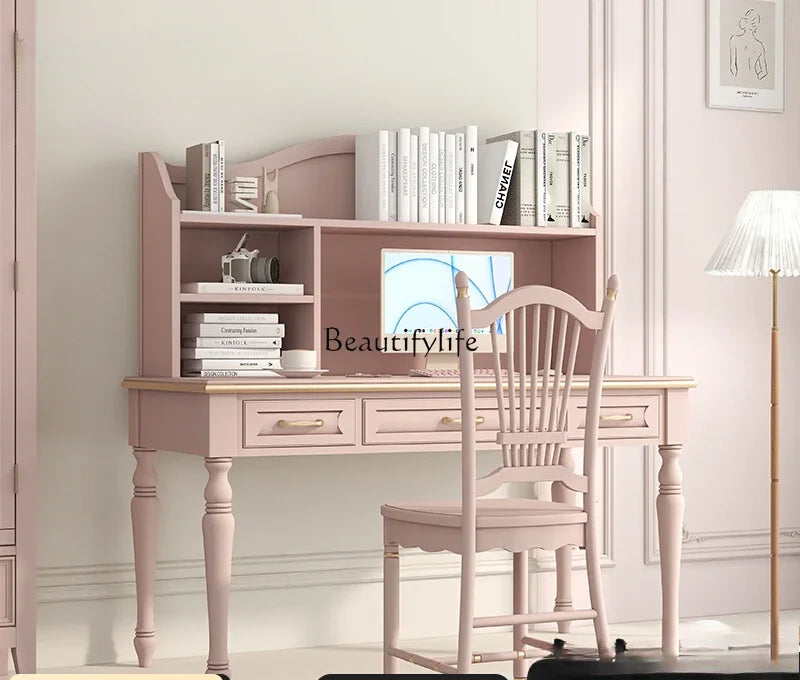 Minimalist Light Luxury Pink Writing Table with Bookshelf, Living Room Study Table and Chair Combination in Oak and Walnut.