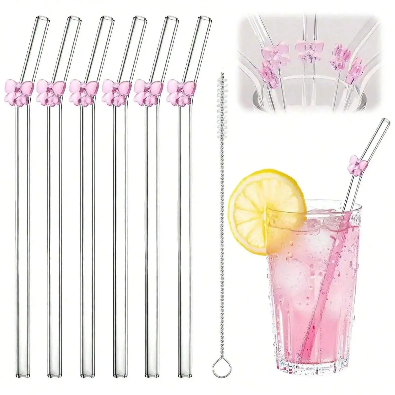 Reusable Cute Bow Glass Straws with  Cleaning Brush