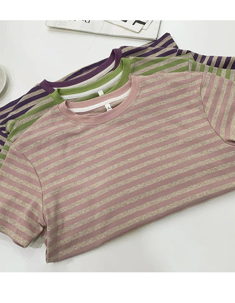 Summer Short Sleeve Striped T-Shirts Versatile Women Knitted Basic Casual Tops Female Cozy Loose Cotton Tees