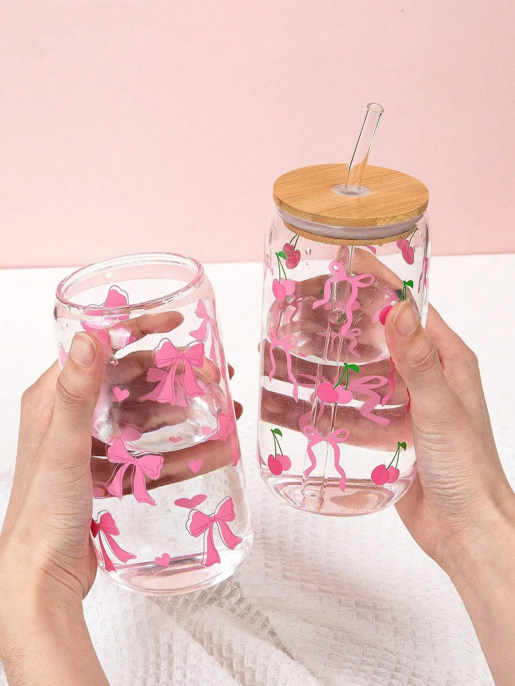 Cute Bow Glass Cup Love Cherry Bow Pattern With Lids & Straw 500ml