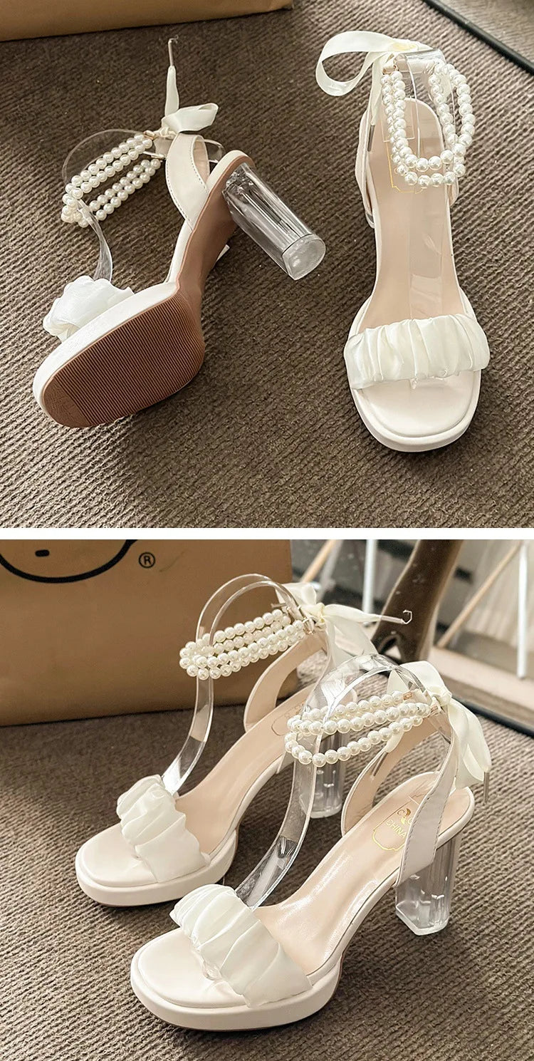 Women's Fashion Crystal Pearl High Heels Sandals