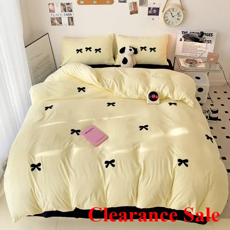 Girls Bedding Set with Bow Korean Breathable Duvet Cover No Filler Flat Sheet Pillowcases Mix Color Comforter Cover Set