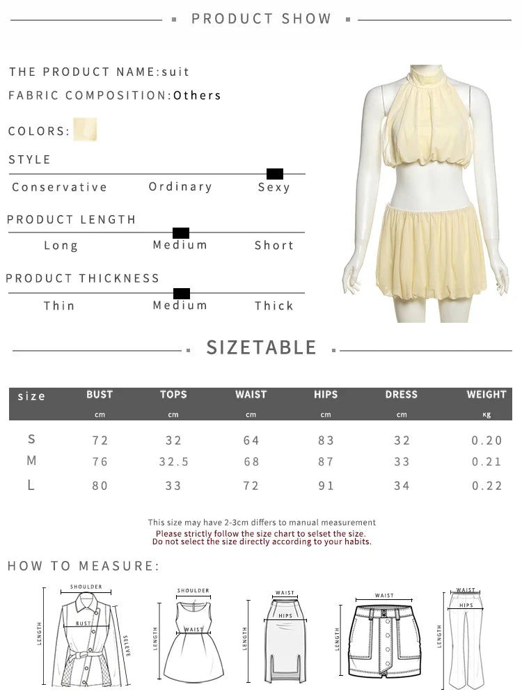 Ruched 2-Piece Set Women Halter Backless Elegant Tank Tops+Waist Skirts Solid Sexy Summer Matching Suits