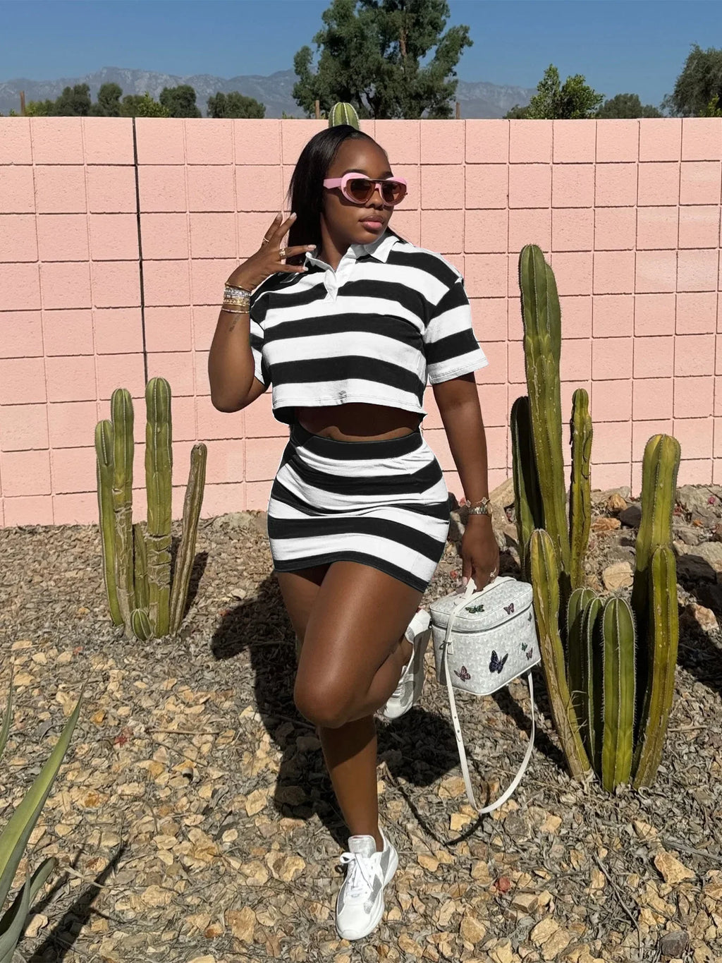 Striped Print Two Piece Set Women Casual Lapel Short Sleeved Polo Tshirt Skirt Two Piece Set Women