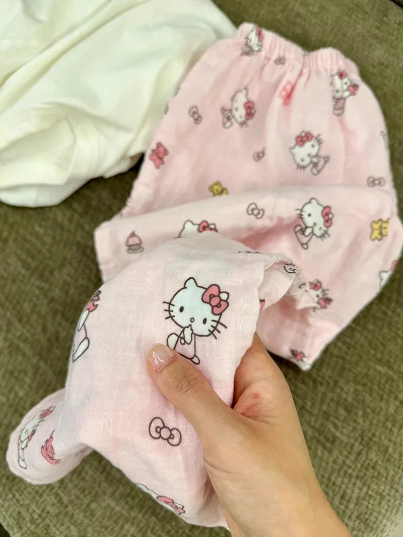Sanrio Hello Kitty Pure Cotton Pajama Pants Wide Kawaii Kitty Leg Pants Girls Summer Thin High Waist Casual Trousers