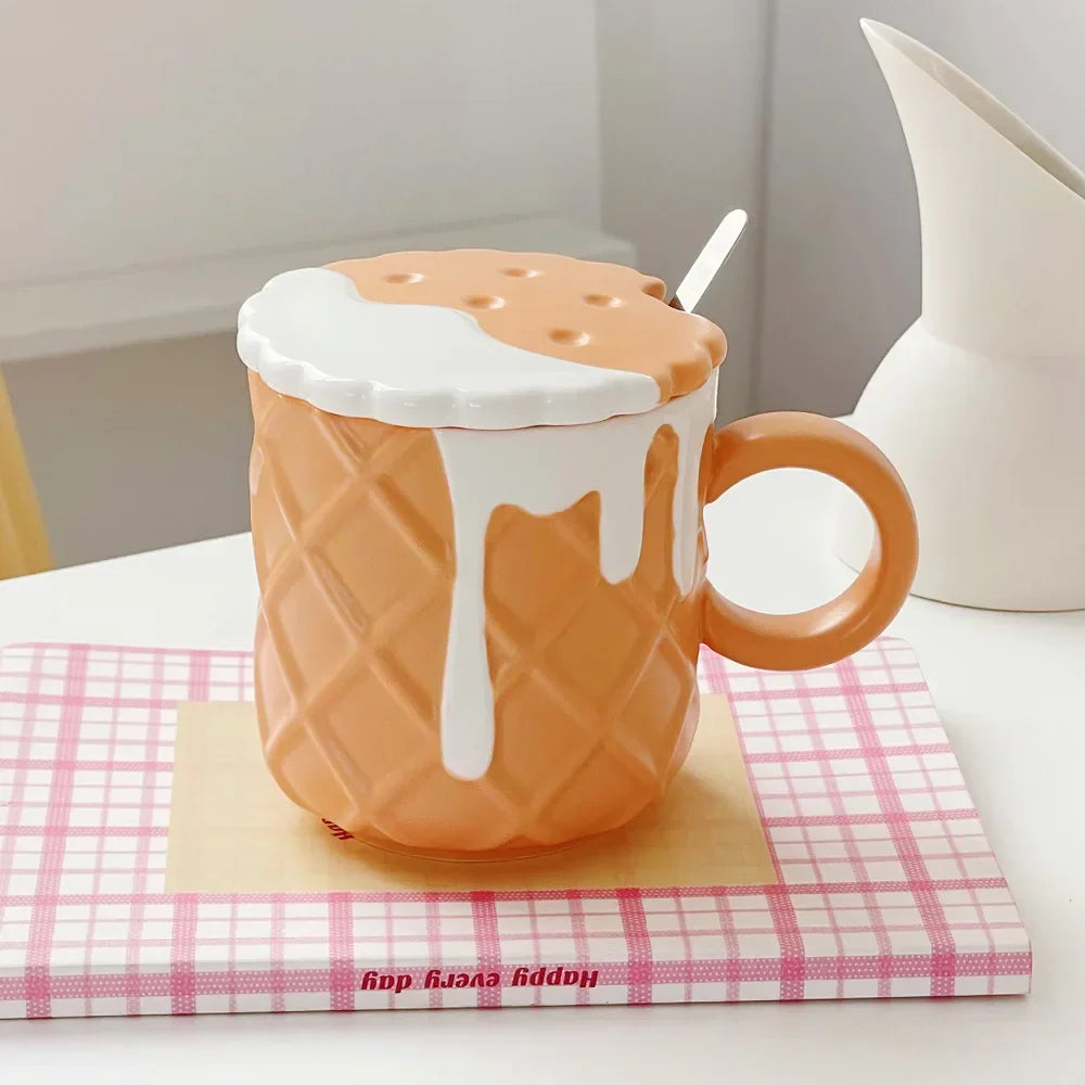 Kawaii Biscuit Pattern With Lid And Spoon Ceramic Cups Cute Cup Drinkware