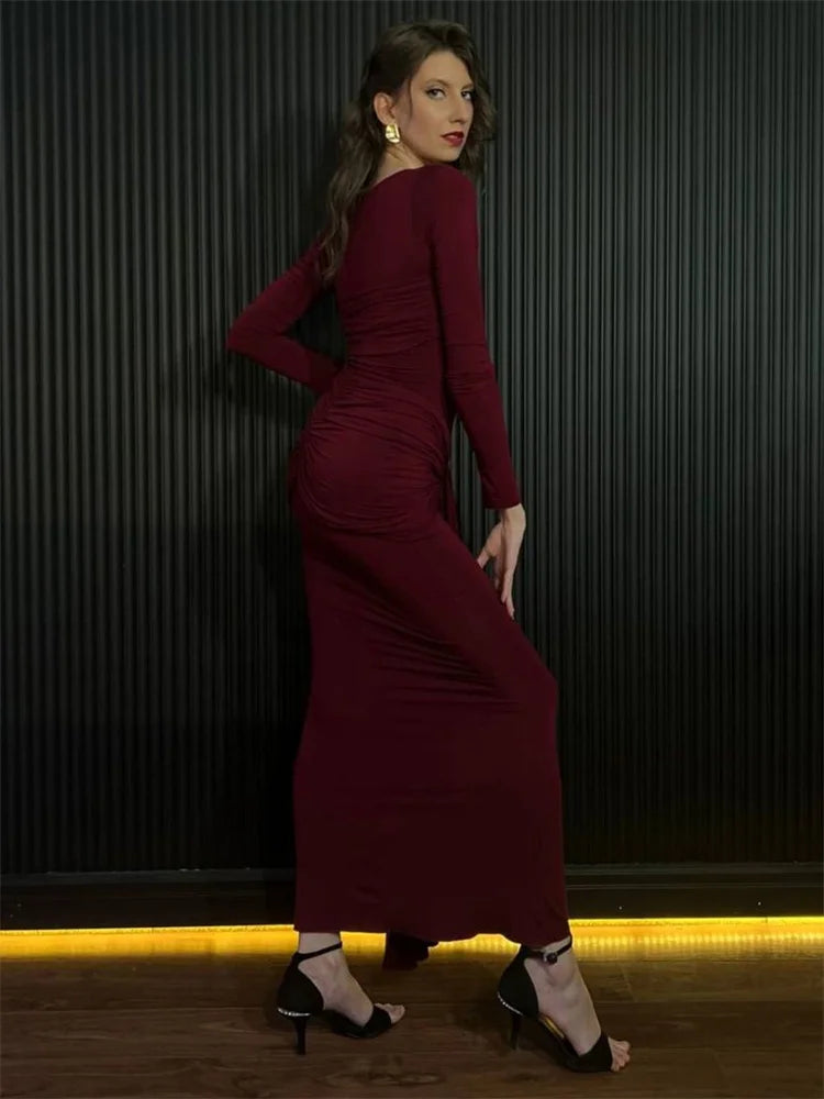 Female Pleated Sexy Maxi Dress Patchwork Twist Slim Long Sleeve Solid Women's Bodycon Dress