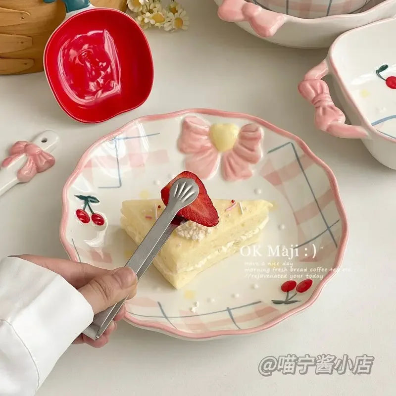 Cherry Plate High Beauty Dessert Cute Ceramic Tableware Flat Dish Set Decoration