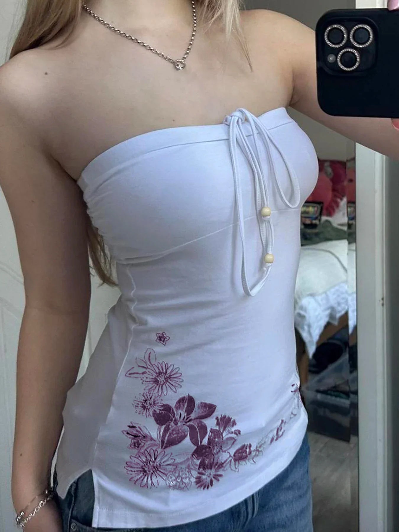 Women Straps Tops Backless Bow Lace Up Slim Flower Prints Fashion Trendy Blouses