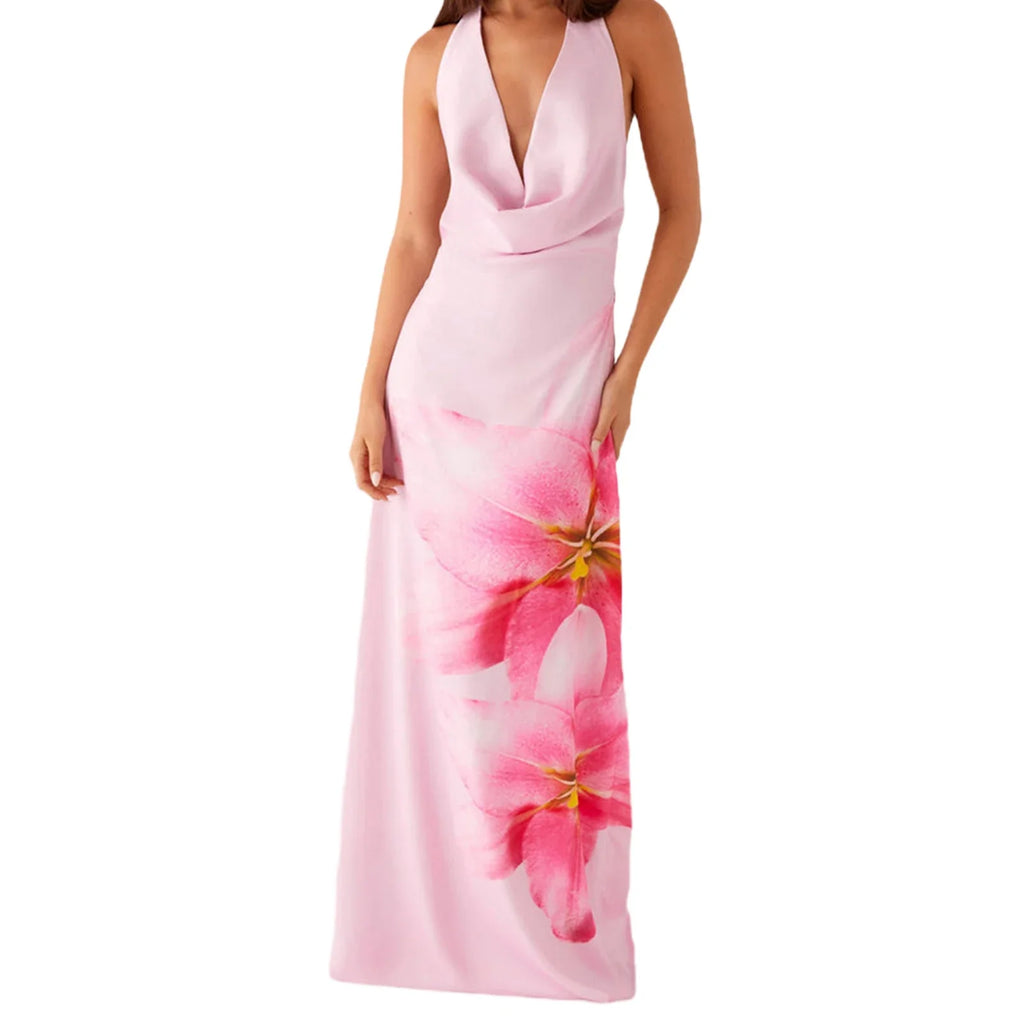 Summer Elegant Floral Print Sleeveless Halterneck Maxi Dress with Open Back