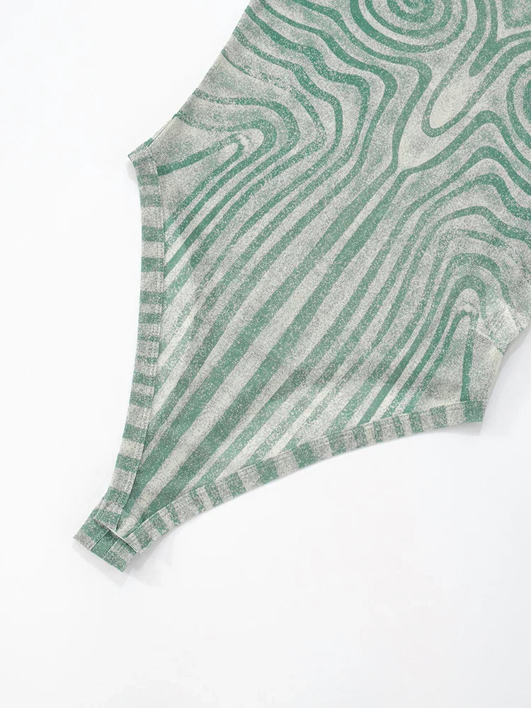 Geometric Print Patchwork 2 Piece Set Women o-Neck Skinny Bodysuit+Wide-leg Trousers Sexy Outfits