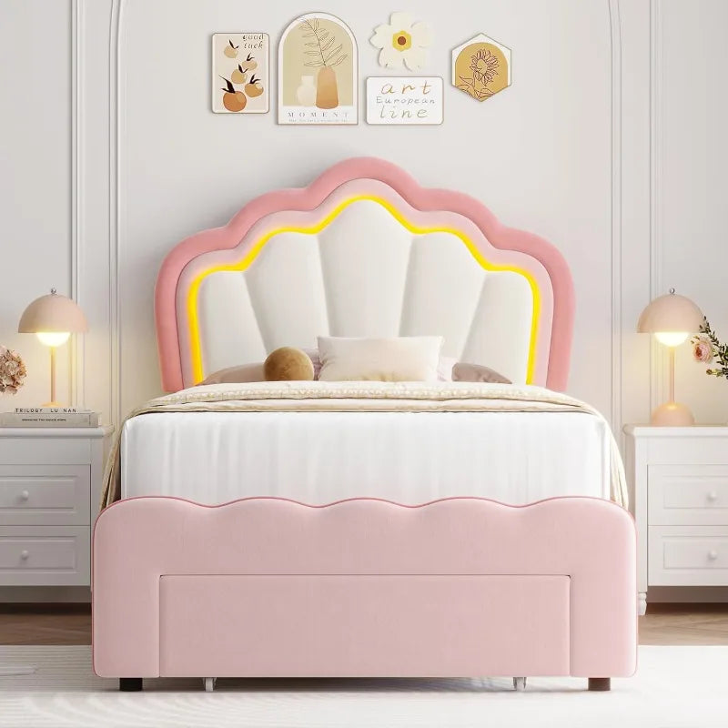 Pink/Beige Twin Upholstered LED Bed Frame with Storage Drawer, Cute Girls Bed, Velvet Princess Platform Bed Frame