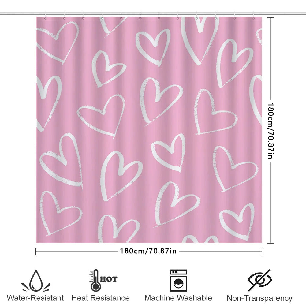 Pink Heart Shower Curtain Waterproof Bathroom Accessory