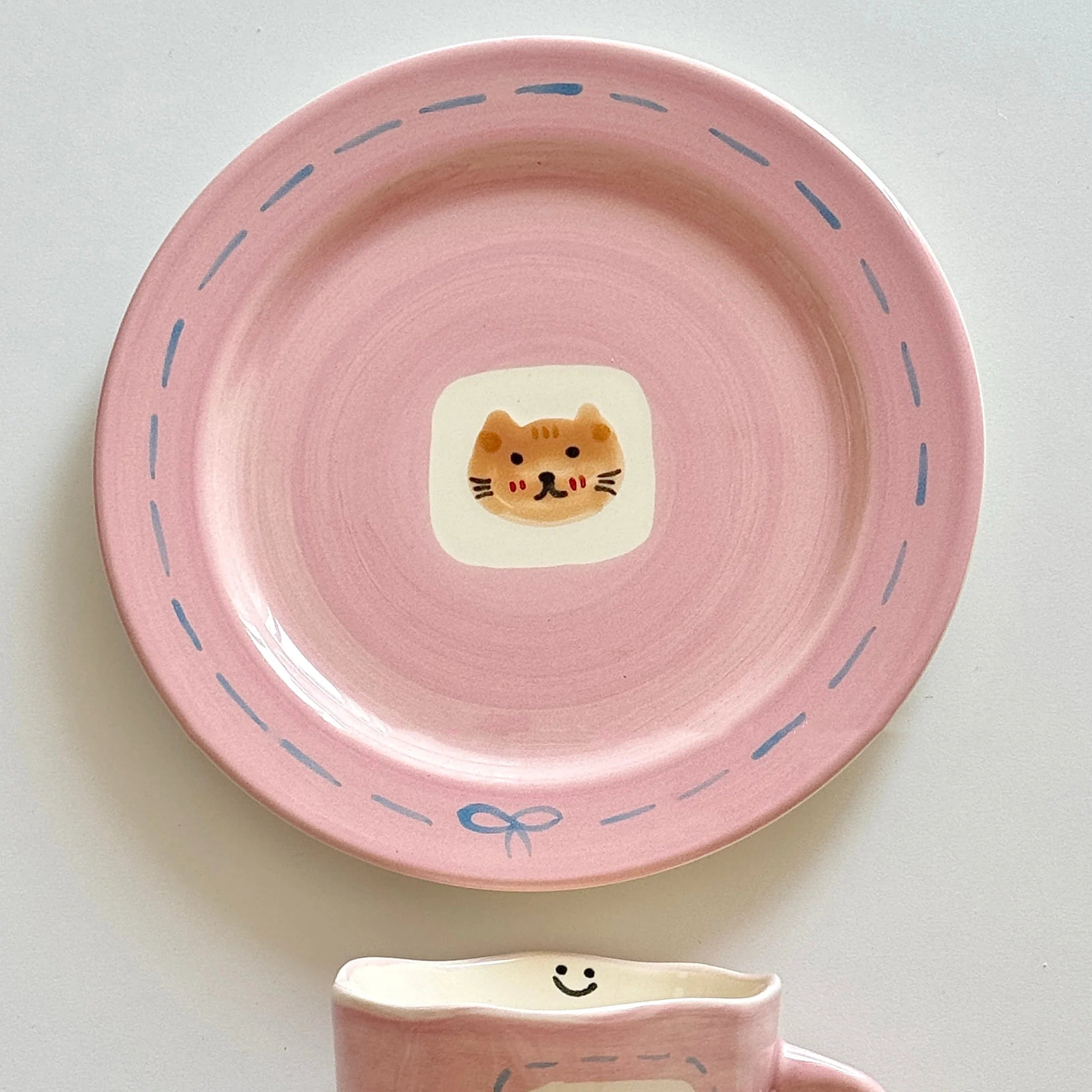 Cute Pink Hand Drawn Ceramic Line Bows 7.9 Inches Serving Plates