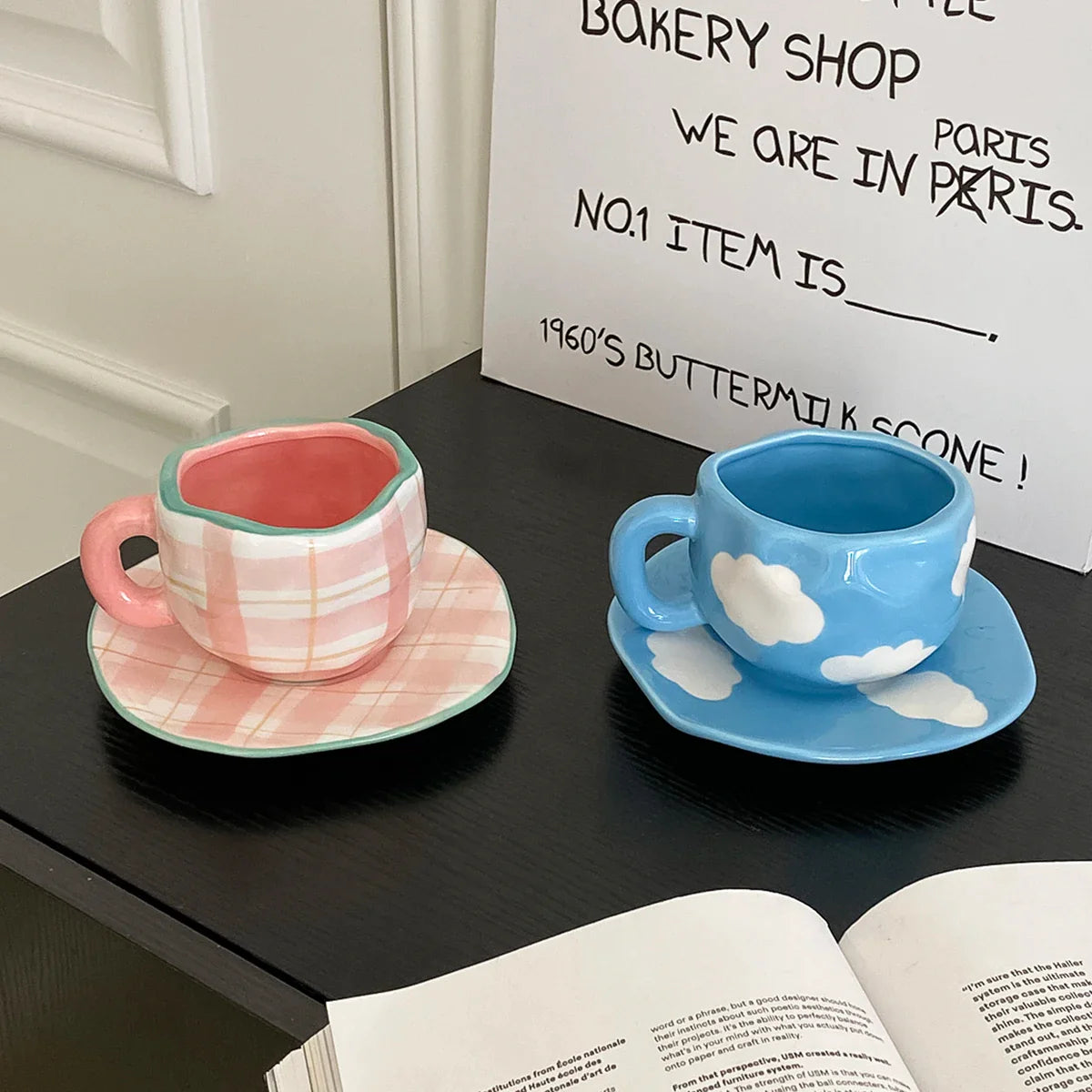 Hand-Kneaded Ceramic Cup and Saucer Multi-Color Plaid Heart Blue Sky and White Clouds Flower Mug Suitable for Afternoon Tea