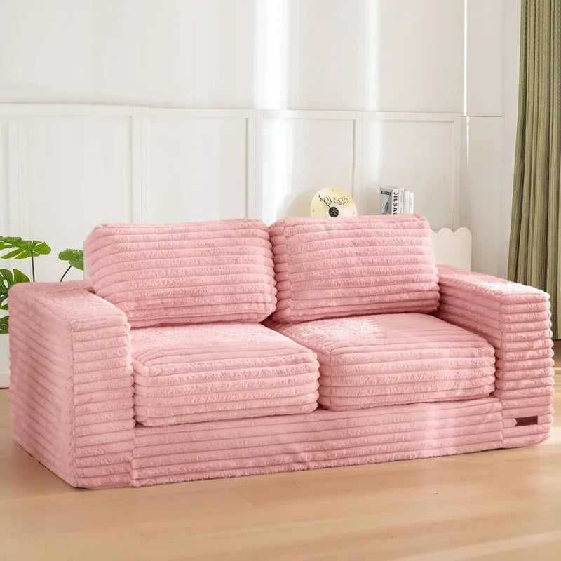 Two-Seat Bean Bag Sofa with Pillows and Armrests, Upholstered Loveseat in Pink, Comfortable Floor Seating