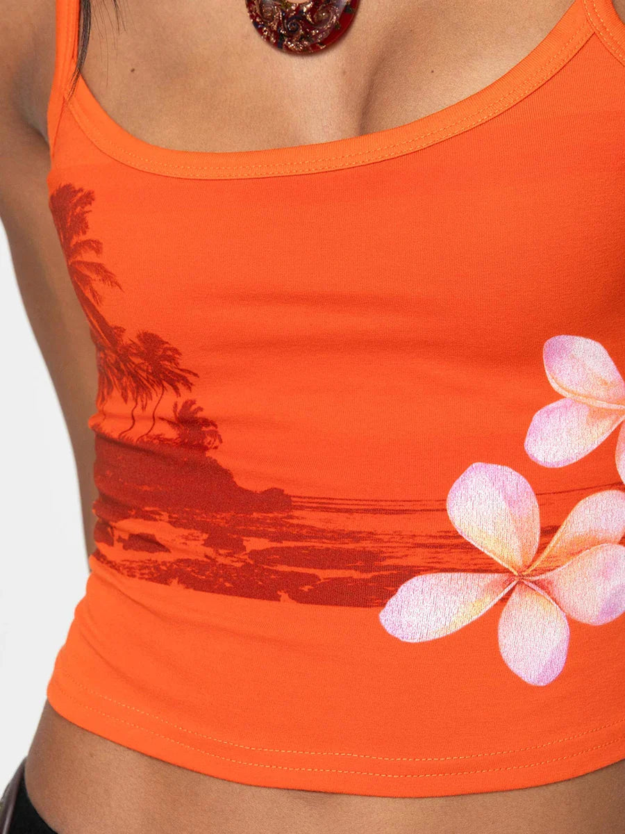 Orange Y2k Floral Cami Tank Top Women Sexy Spaghetti Strap Flower Crop Top Slim Fit Scoop