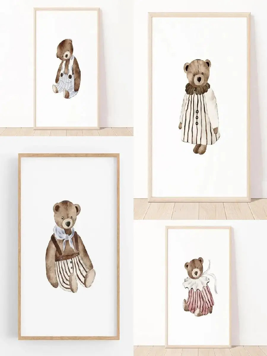 Pink Ballet Dancer Bear  Cute Teddy Bear Canvas Painting Minimalist Wall Art