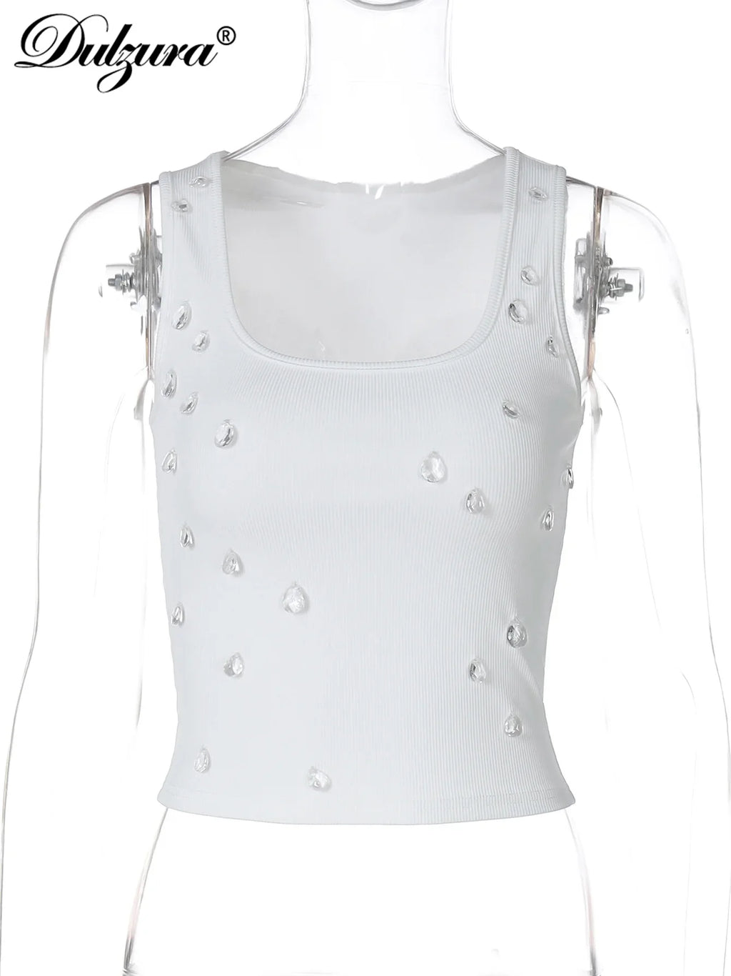 Ribbed Sleeveless Water Droplets Diamond Decorated Tank Sexy Casual Bodycon Top Party Club Streetwear Spring Summer